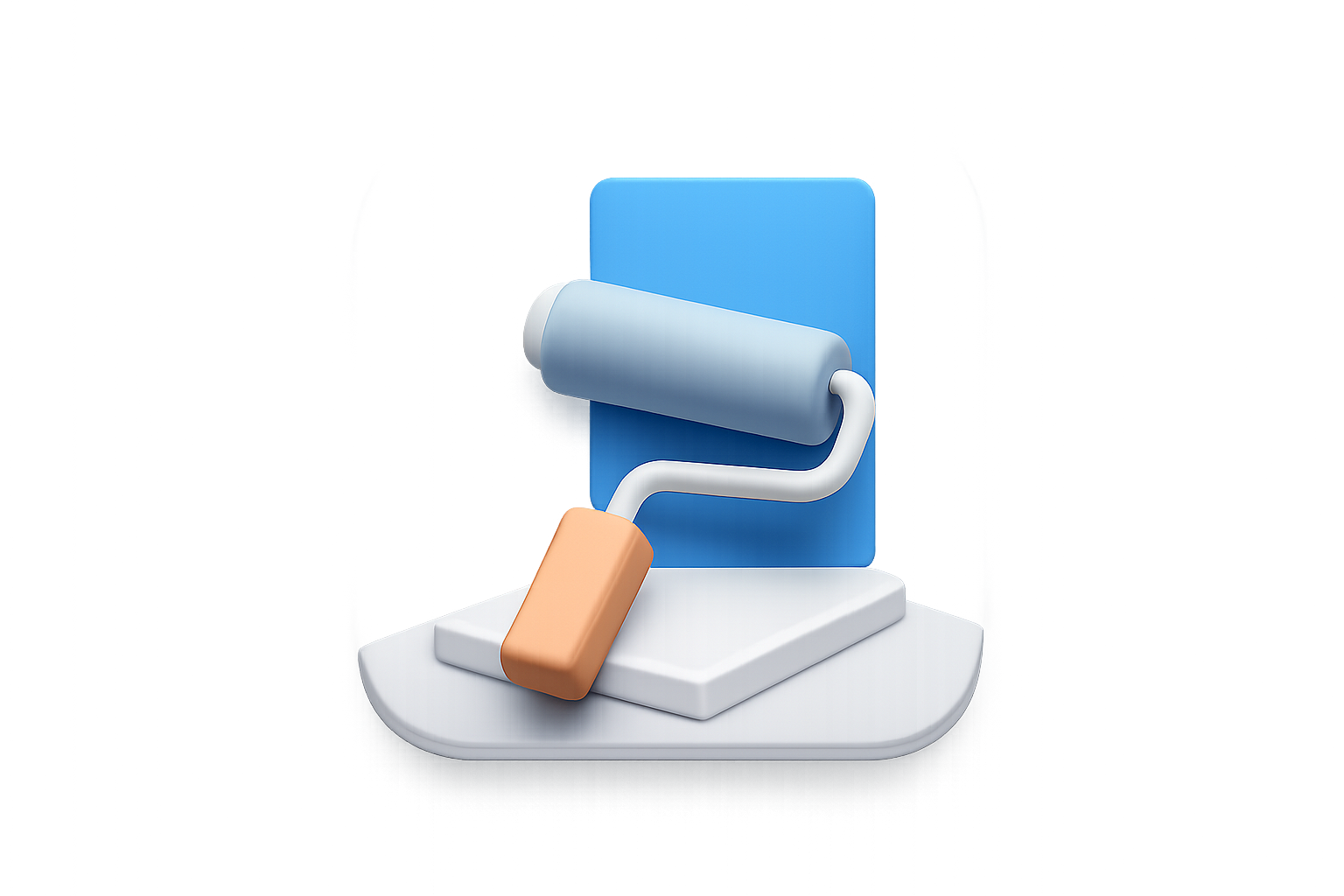 "Minimalist 3D icon of a professional paint roller applying blue paint on a white industrial floor surface, top-down view, clean modern background, lighting from top, white and blue color scheme, high detail, no text, centered composition, PNG style, for web UI design."